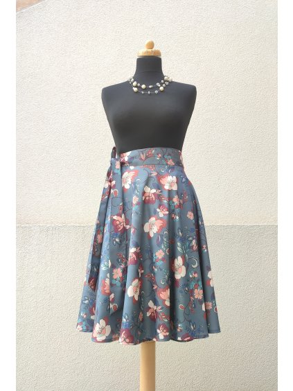 Krátká kolová sukně  - šedá s květy