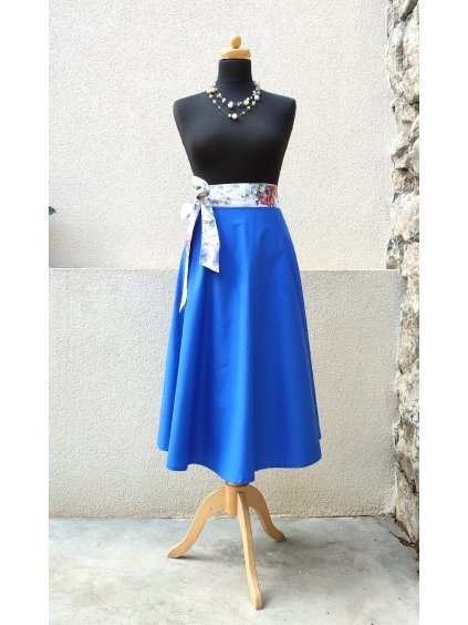 Midi půlkolová sukně s květovaným páskem XS - S