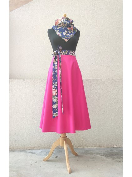 Půlkolová sukně - magenta s květovaným páskem