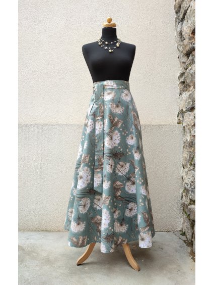 Dlouhá půlkolová sukně - pampelišky mint