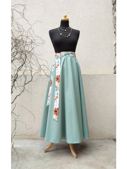 Dlouhá kolová sukně - mint s květovaným páskem