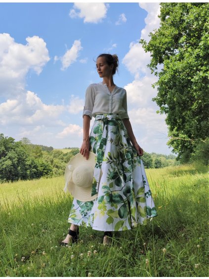 Dlouhá půlkolová sukně - akvarelové listy