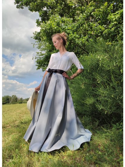 Dlouhá kolová sukně - šedá s černým páskem