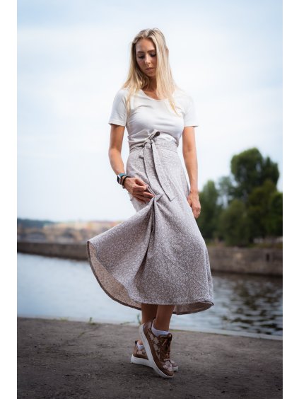 Béžová sukně s kvítky zavinovací - mušelín