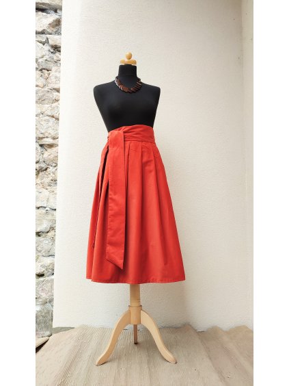 Manšestrová midi sukně - zrzavá vyšší pas