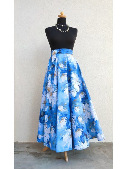 Dlouhá kolová - modrá s bílými květy