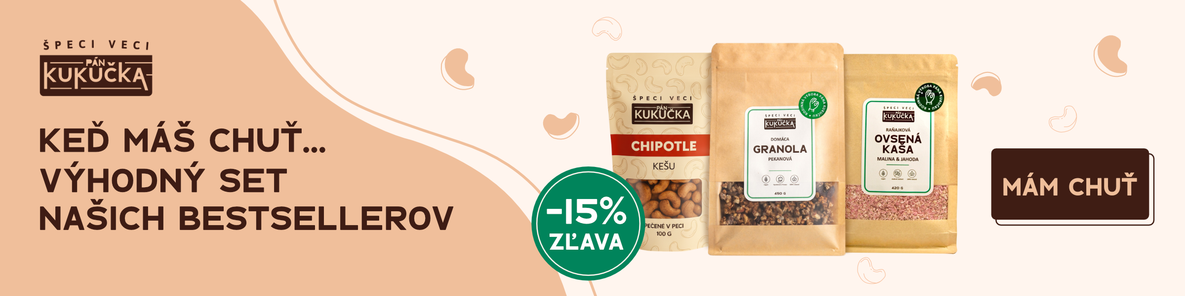 Výhodný set Pán Kukučka: Pekanová granola, Chipotle kešu a ovocná kaša so zľavou 15 percent.