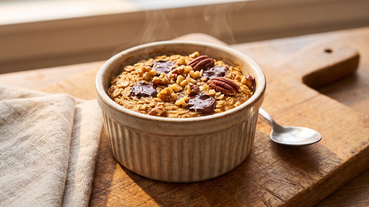 Baked oats v keramickej miske s čokoládou a orechmi, čerstvo z rúry