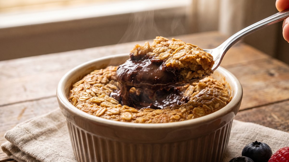 Lyžica naberajúca vláčny stred baked oats s roztopenou čokoládou