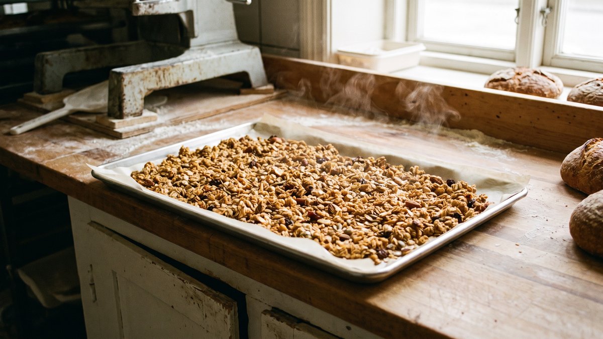 Granola rozprestretá v jednej vrstve na plechu s papierom na pečenie