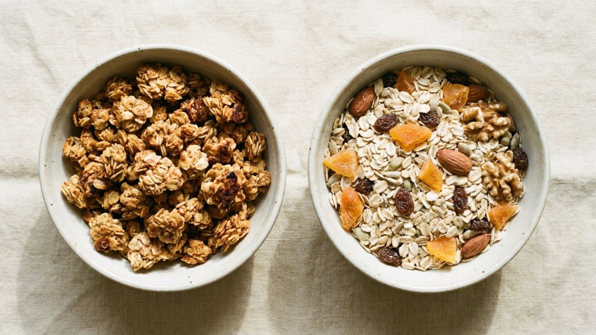 Dve misky vedľa seba, chrumkavá pečená granola a surové müsli