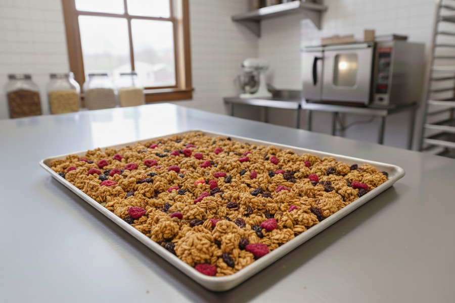 Bezlepková malinová granola Pán Kukučka na plechu