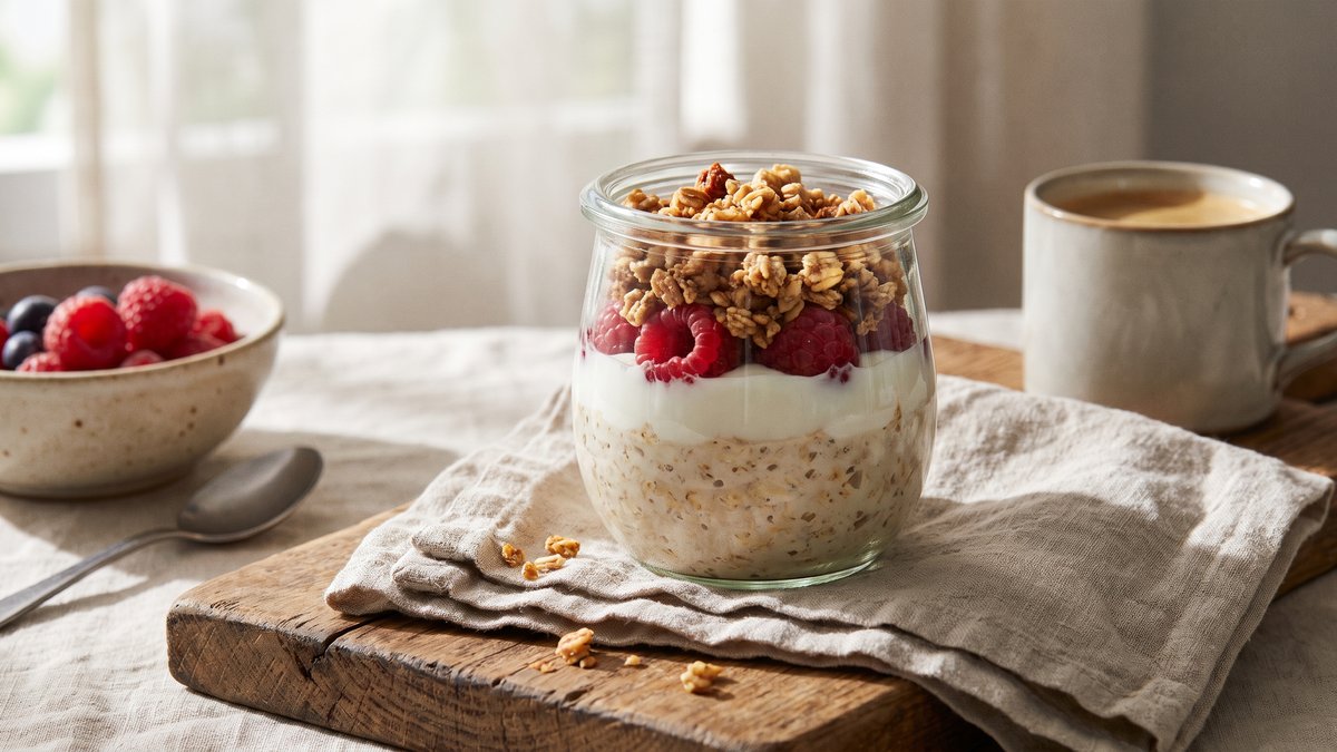 Pohár overnight oats s jogurtom, malinami a granolou na drevenej doske