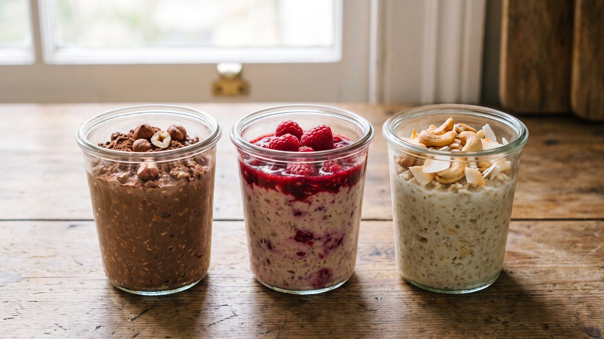 Tri poháre overnight oats vedľa seba, kakaová, malinová a kokosová verzia