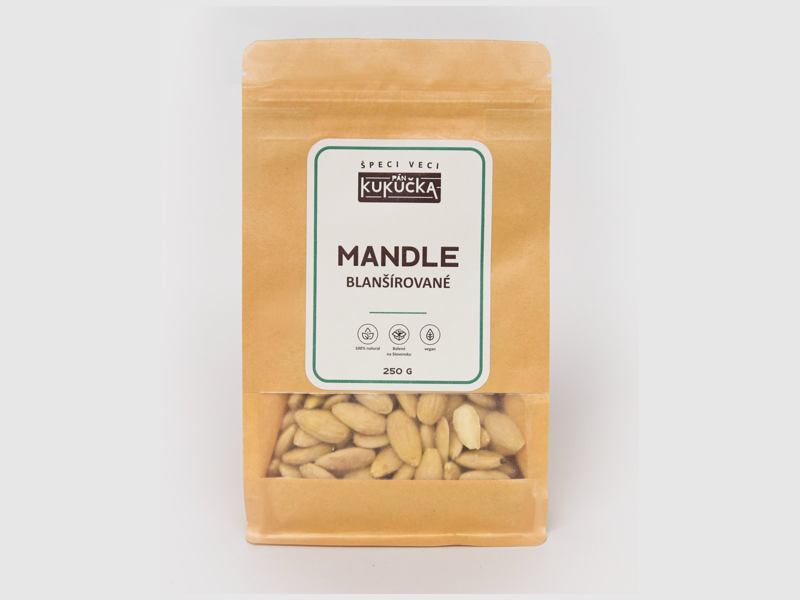 Mandle blanšírované Pán Kukučka 250 g v papierovom vrecku s okienkom