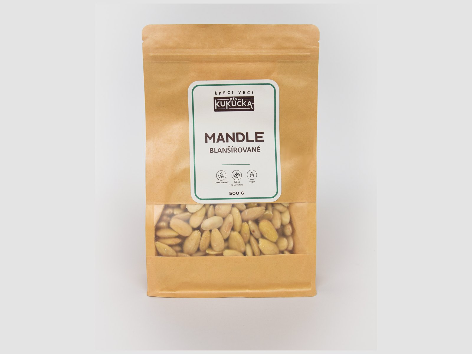 Mandle blanšírované Pán Kukučka 500 g v papierovom vrecku s okienkom