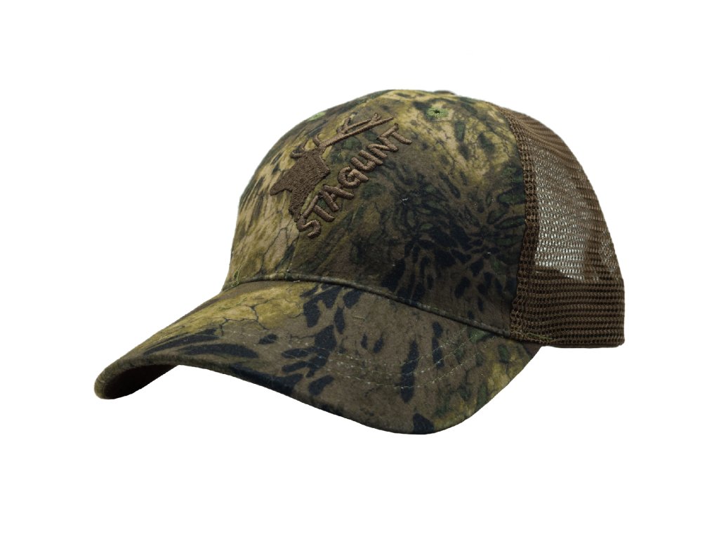 Stagunt Wild Woods Camoo - Myśliwska czapka z daszkiem, zielony kamuflaż z brązowym logo