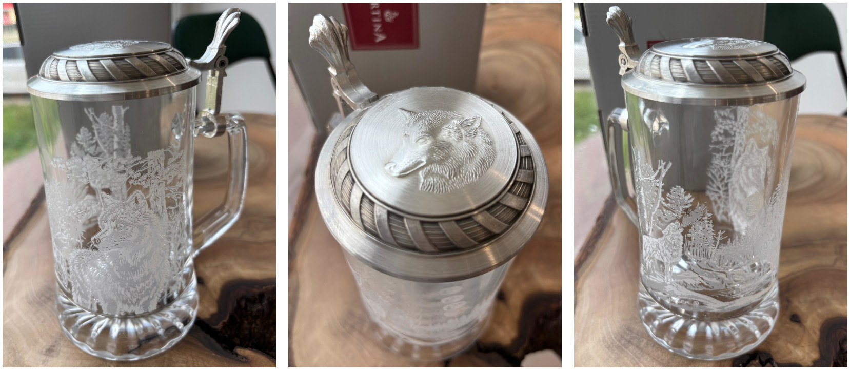 Artina Korbel s víčkem, 500 ml, motiv s vlkem, sklo a cín