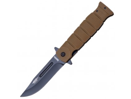 JKR Zavírací taktický nůž, guma, pískový. Kvalitní nůž s čepelí z oceli 3Cr13MoV a vnitřní pojistkou. Ideální pro outdoorové a survival aktivity. Pogumované střenky v pískové barvě.