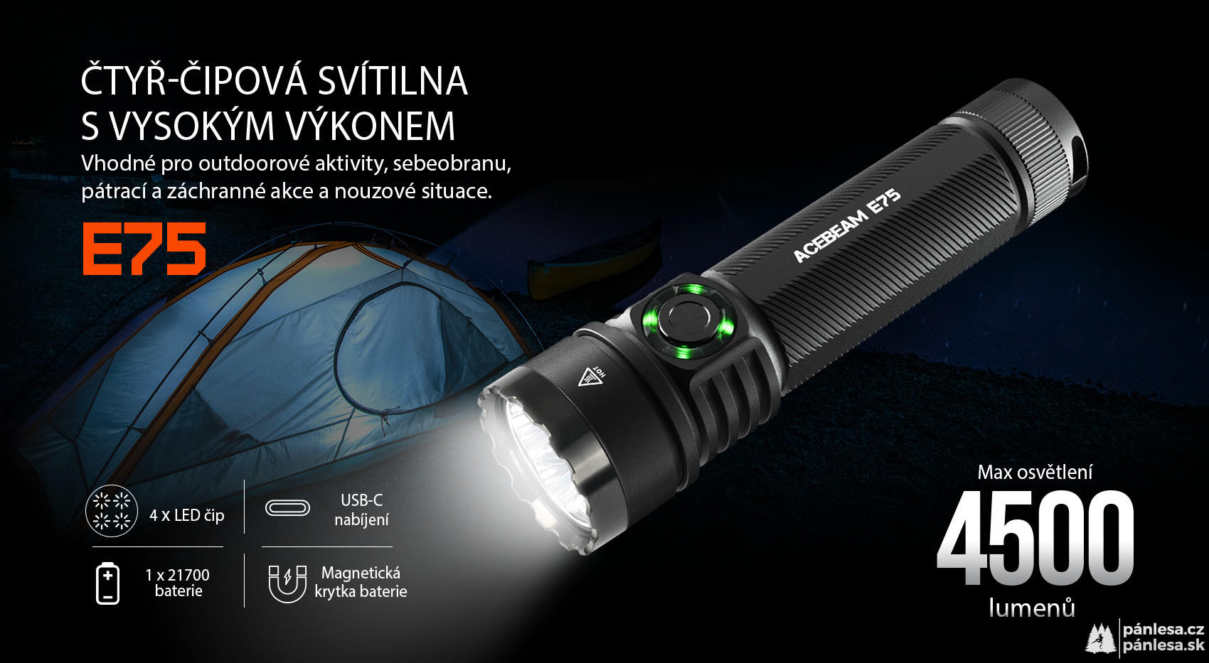 AceBeam E75, 4500 lm, black - Taktická LED svítilna, černá
