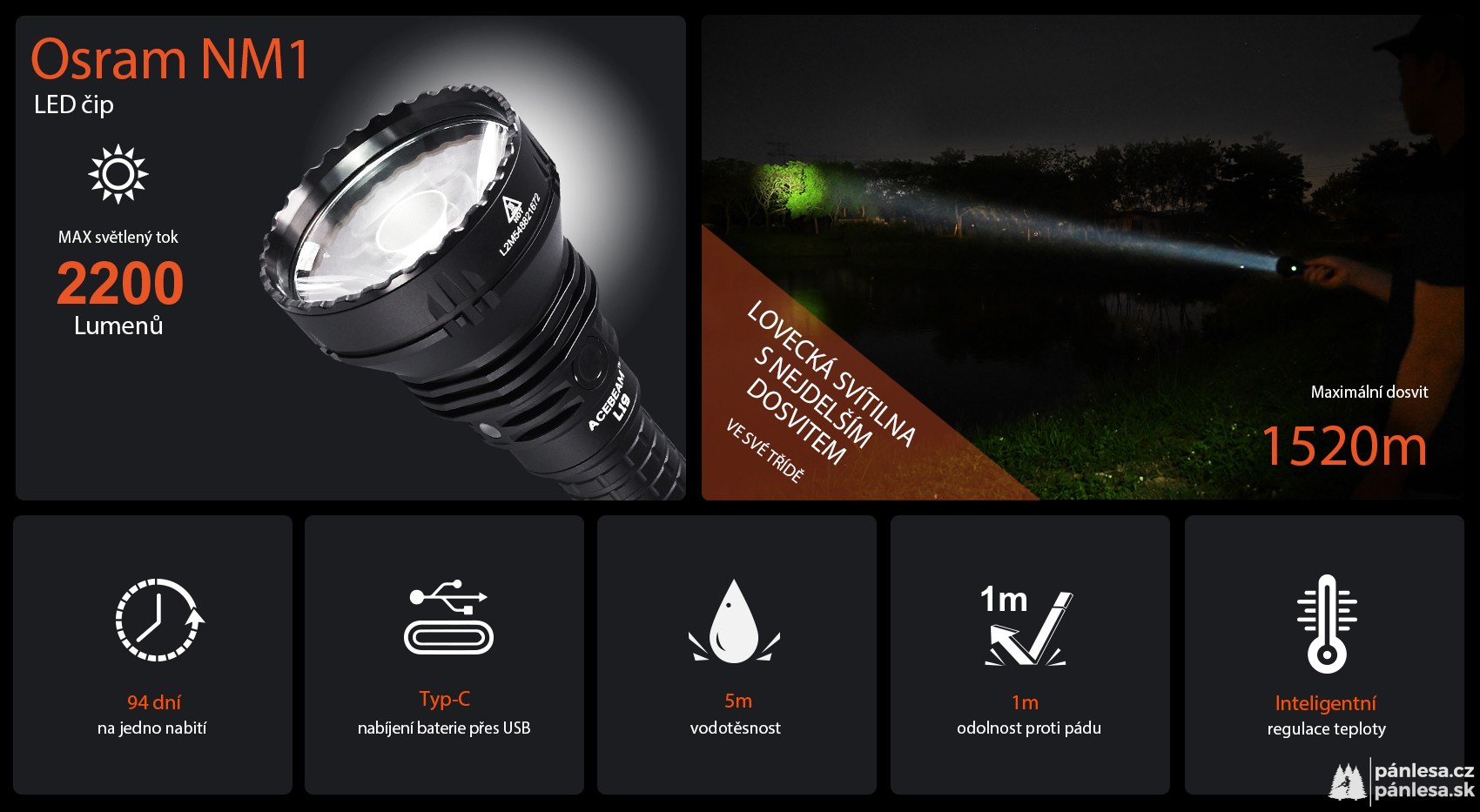 AceBeam L19 2.0, 2200 lm, Osram NM1 - Lovecká LED svítilna, černá