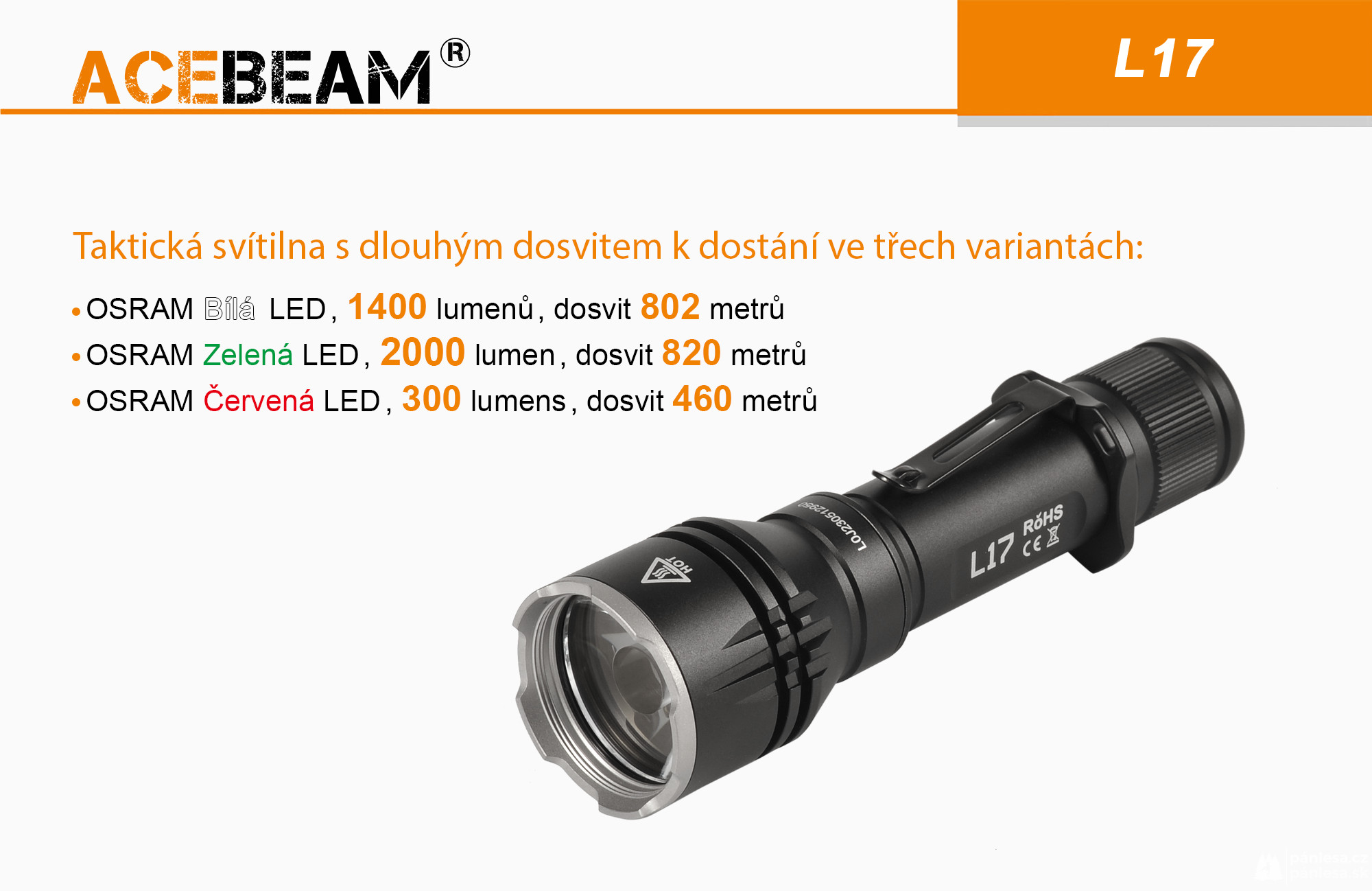 AceBeam L17, 2000 lm - Lovecká LED svítilna, černá