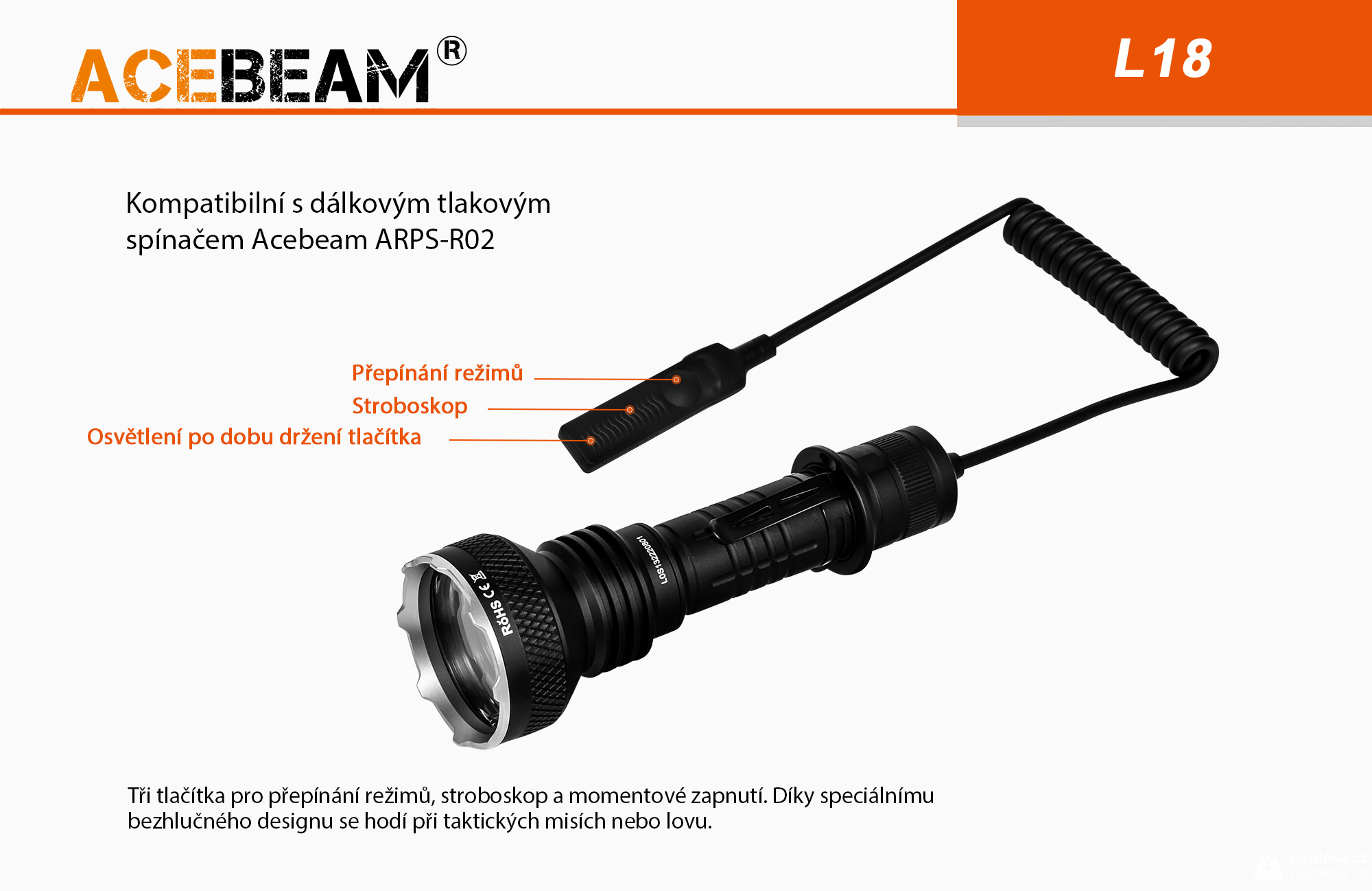 AceBeam L18, 1500 lm - Lovecká LED svítilna, černá
