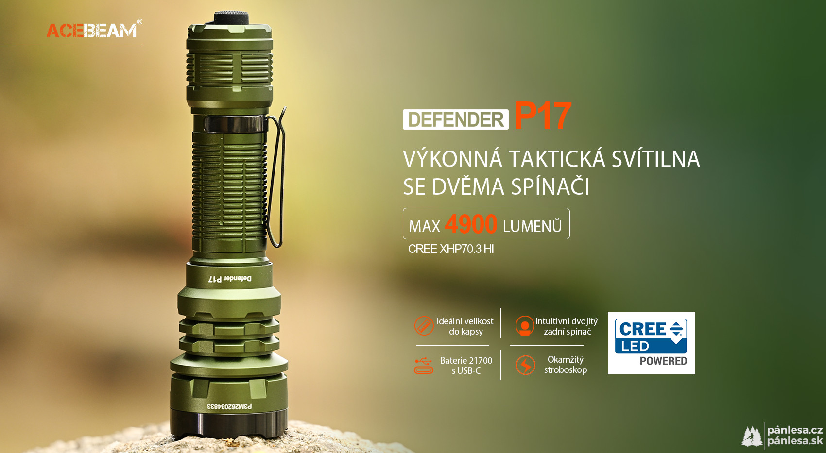 AceBeam Defender P17, 4900 lm, dark green - Taktická LED svítilna, zelená