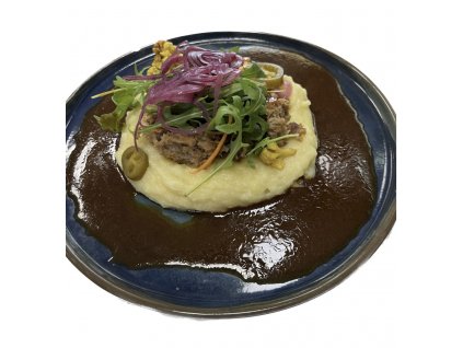 Trhané vepřové maso v BBQ omáčce, bramborová kaše