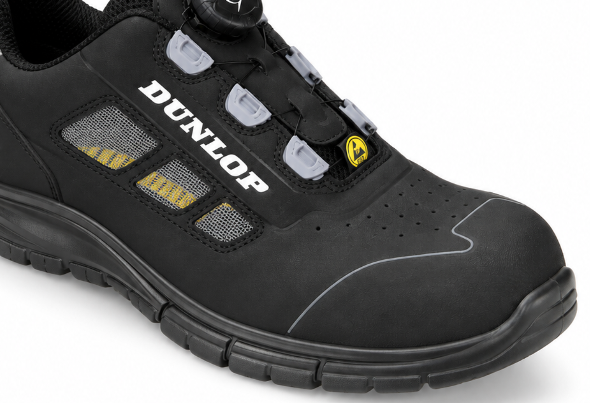Detail svršku, ventilačních otvorů a otočného zapínání bezpečnostního sandálu DUNLOP MATT LINE S1PS ESD SR FO