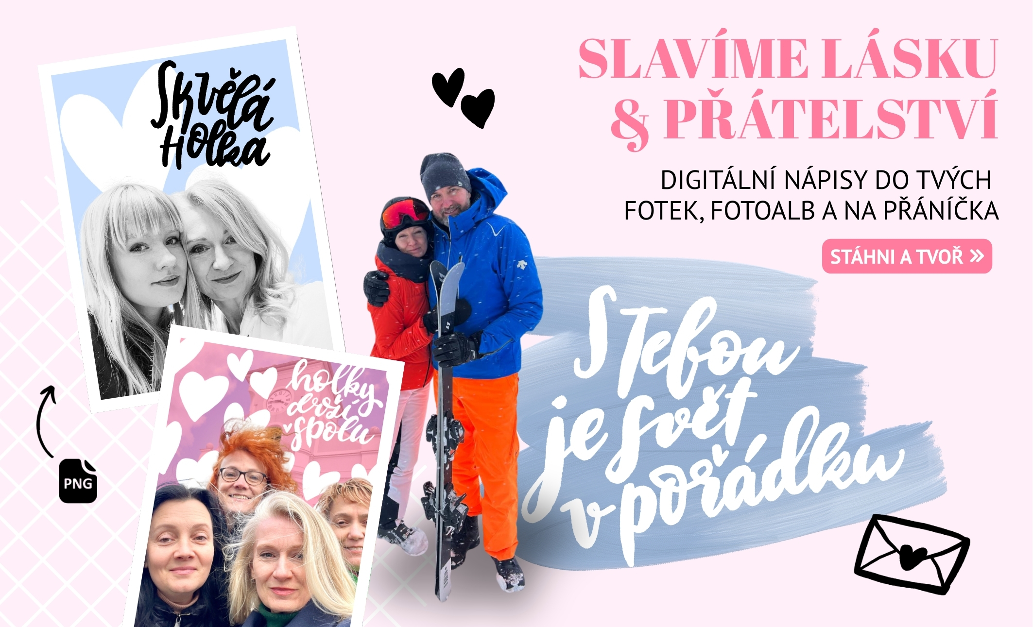 Valentýnské text overlays - české digitální nápisy na oslavu lásky a přátelství