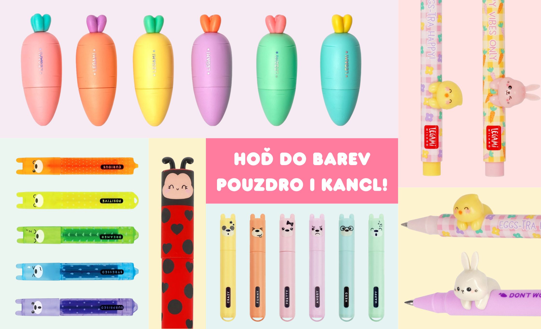 Veselé zvýrazňovače a gelová pera Legami