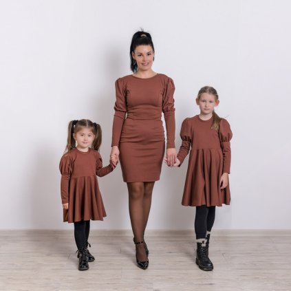 Trojset- Anita slim šaty s puf rukávmi hnedé
