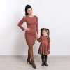 Slim šaty mama a dcéra Anita- Hnedá zladená sada s puf rukávmi