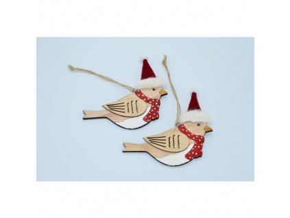 Dekorácia závesná - Vianočný vtáčik drevený 12 cm, sada 2 ks