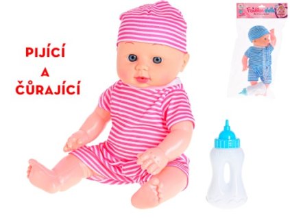 Bábätko 29cm pijúce a cikajúce s fľaštičkou 2farby v sáčku