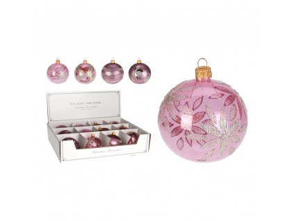 Vianočná sklenená guľa 8 cm - ručne fúkaná, ružová v 4 dizajnoch
