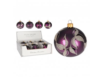 Vianočná sklenená guľa 10 cm - ručne fúkaná, fialová v 4 dizajnoch