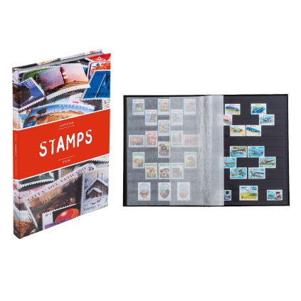 Album A4 na známky STAMPS, 32 černých stran, ČERVENÝ PRUH+ZNÁMKY