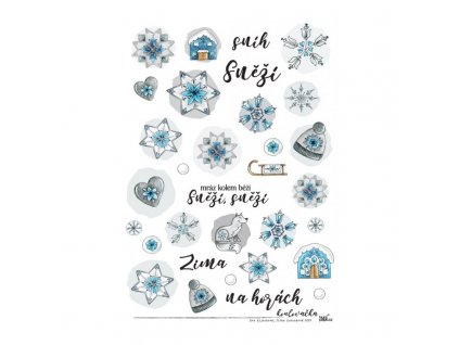 modro bílé sněžení a české texty samolepky A5