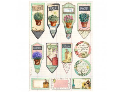 stamperia garden a4 rice paper tags and labels 6pc