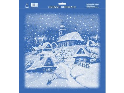 Vánoční adhézní nálepky na okna 33x35cm zasněžená vesnička