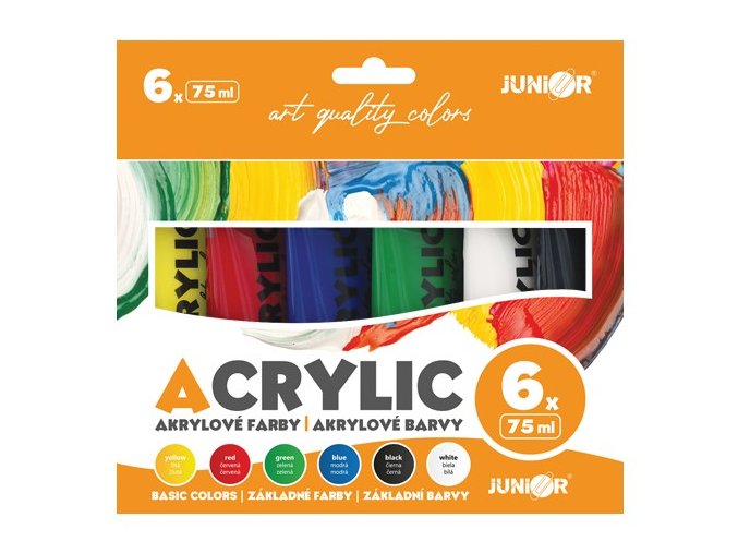 Akrylové barvy JUNIOR 75 ml - 6 ks sada Basic