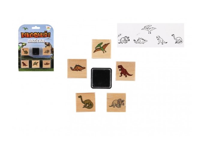 Razítka dřevěná 5+1 s poduškou dinosauři 3x3cm na kartě