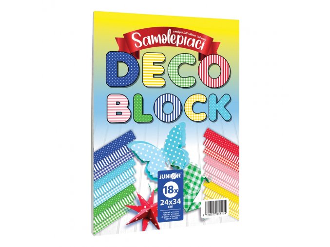 Blok dekoračního papíru - samolepící DECO BLOCK B4 24x34 cm, 18 ks (6 barev x 3 vzory)