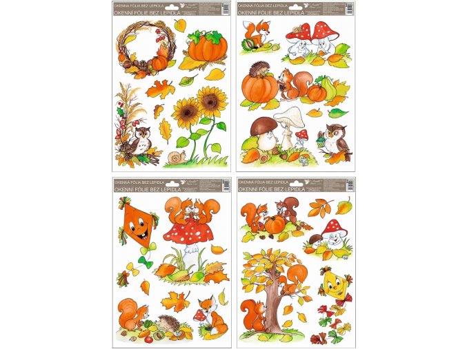 Okenní fólie ručně malovaný podzim sovy,veverky,lišky 946 , 37x26 cm
