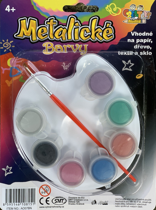 Akrylové barvy metalické 6x, paleta , štětec