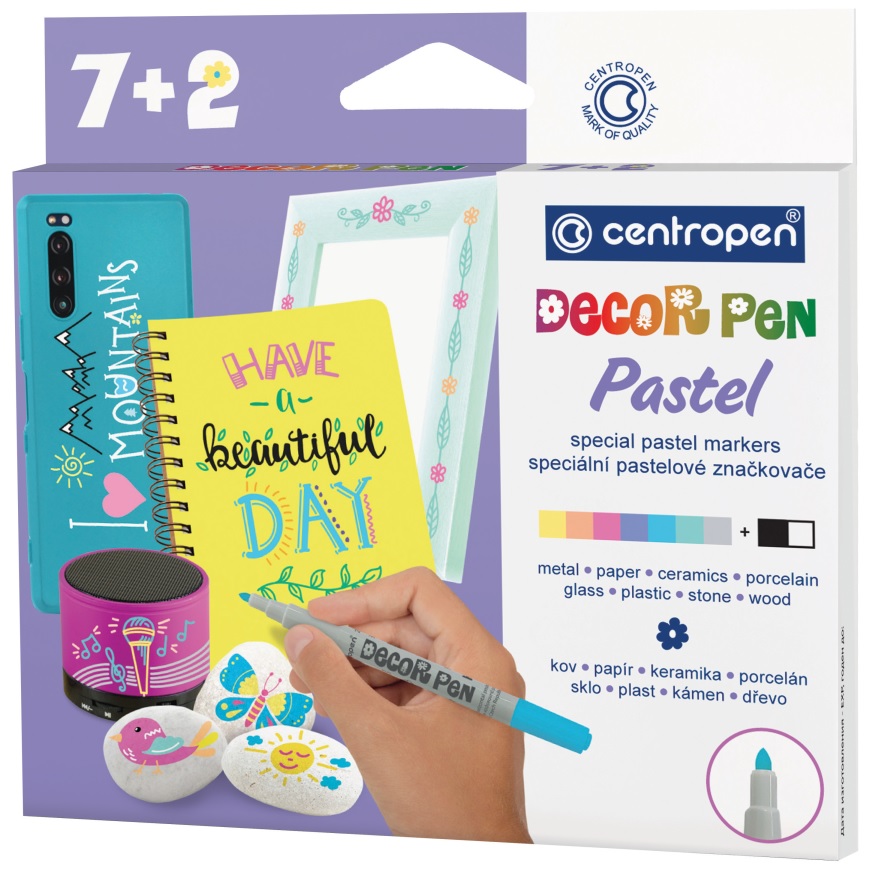 Značkovače DECORPEN PASTEL na kov,sklo,plast,keramiku,kámen 7+2 ks CENTROPEN