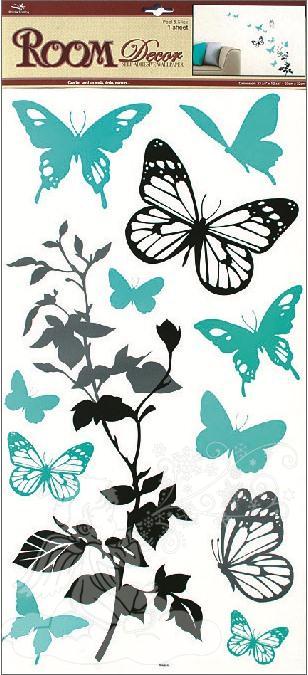 Samolepky na zeď černošedá s tyrkysovými motýli 1030, 69x32cm