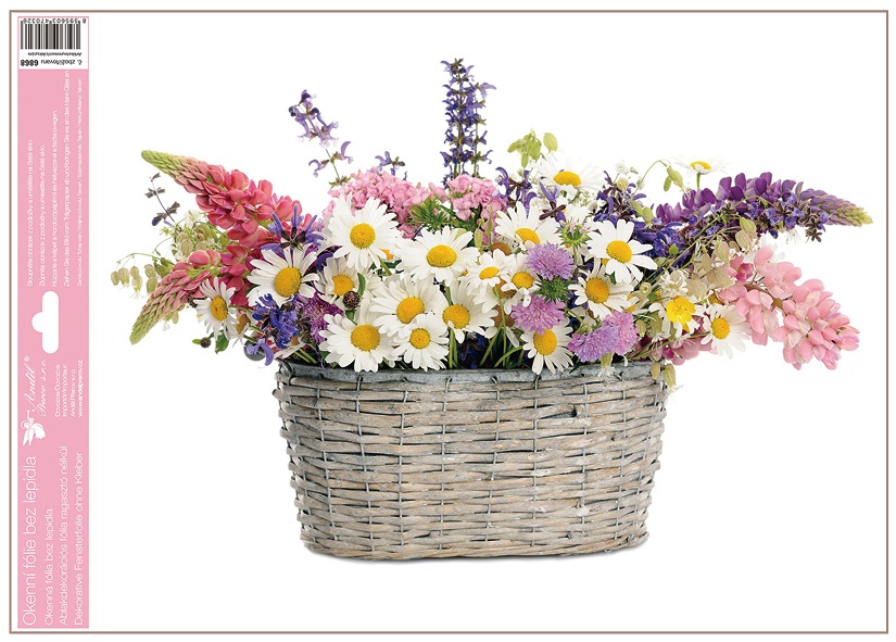 Okenní fólie květiny v košíku 42x30 cm 6868 Fólie berušky: 1. LUČNÍ KVÍTÍ S KOPRETINAMI